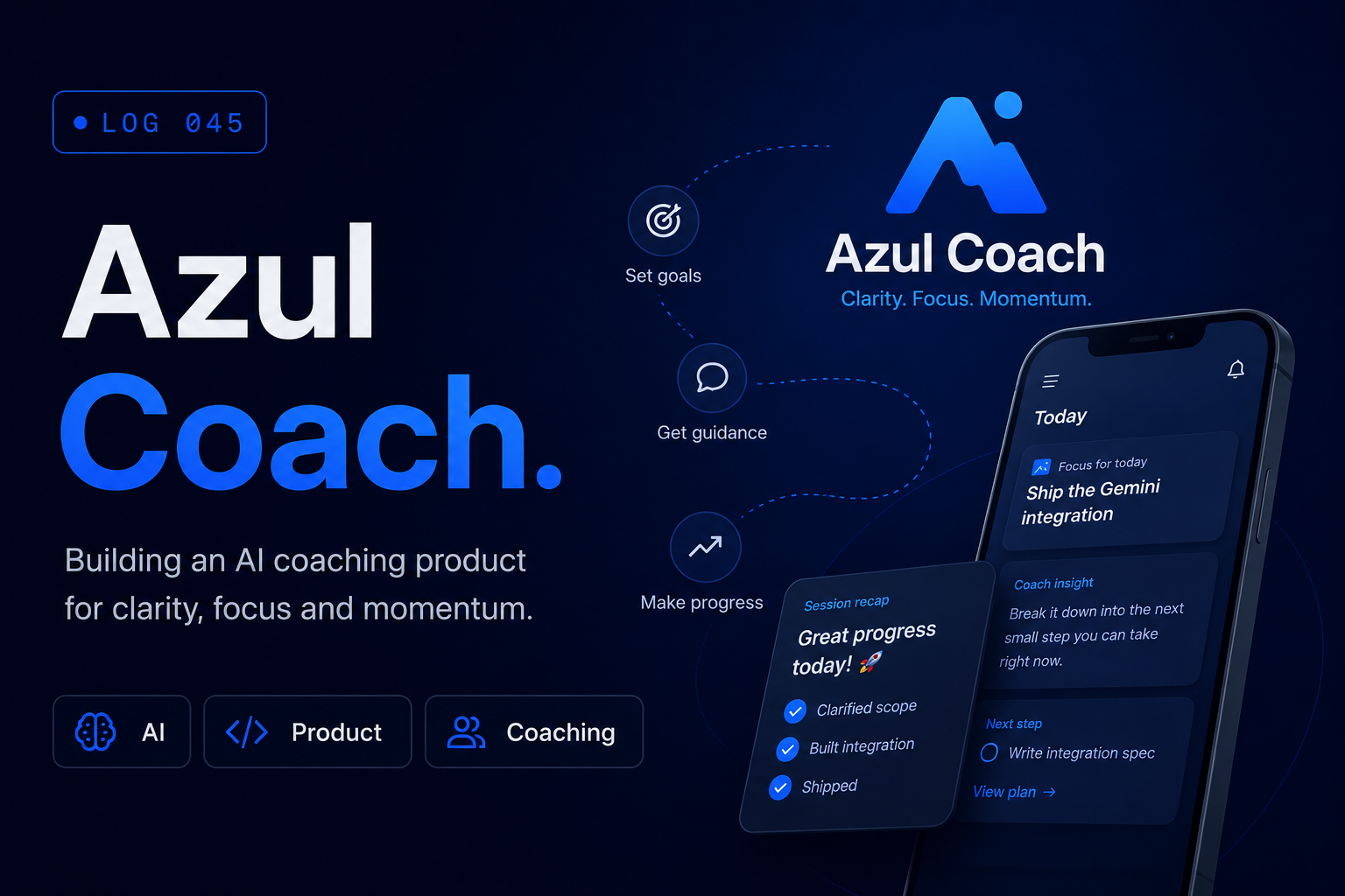 A dark build-in-public card titled "Azul Coach" showing the coaching app on a phone with Set goals, Get guidance and Make progress milestones — chips for AI, Product, Coaching — captioned "Clarity. Focus. Momentum."