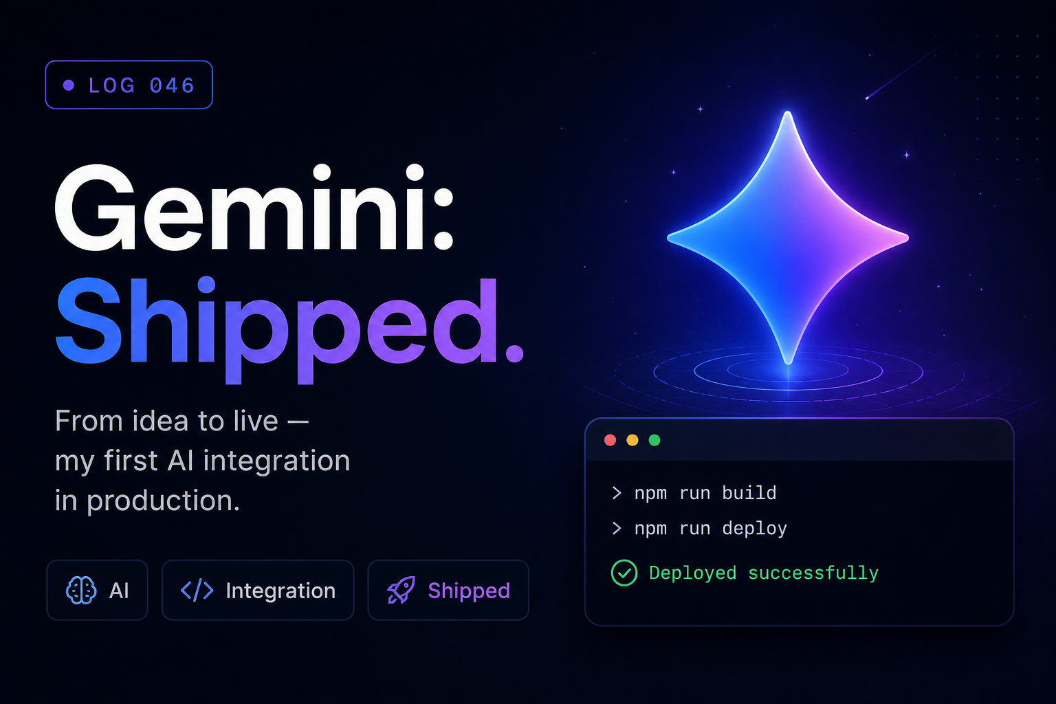 A dark build-in-public card titled "Gemini: Shipped" with a glowing Gemini sparkle and a terminal showing npm run build, npm run deploy, and "Deployed successfully" — chips for AI, Integration, Shipped — captioned "From idea to live — my first AI integration in production."