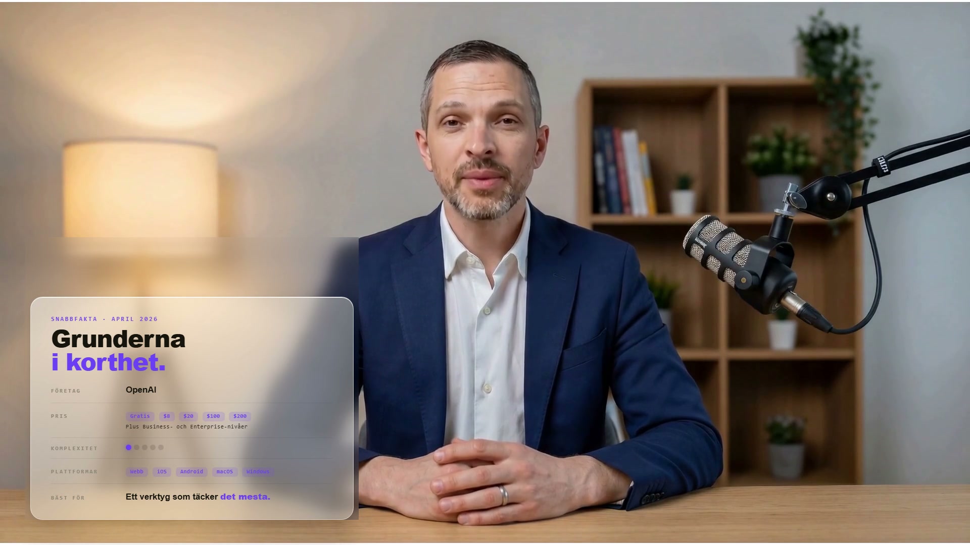 A frame from the Swedish ChatGPT explainer — a Swedish "snabbfakta" glass-card overlay on the left, the HeyGen avatar of me sitting at a podcast mic on the right, the background lamp gently blurred behind the card